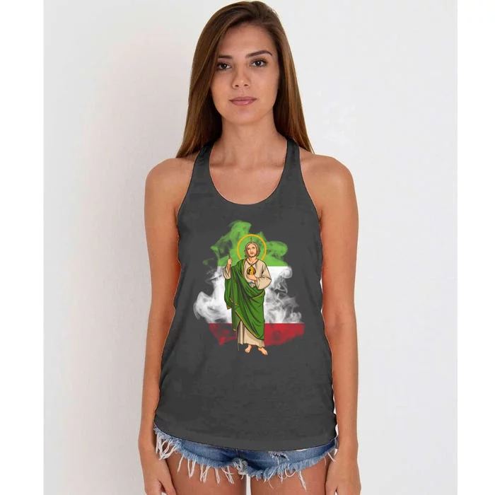 San Judas Tadeo con Bandera de México Women's Knotted Racerback Tank