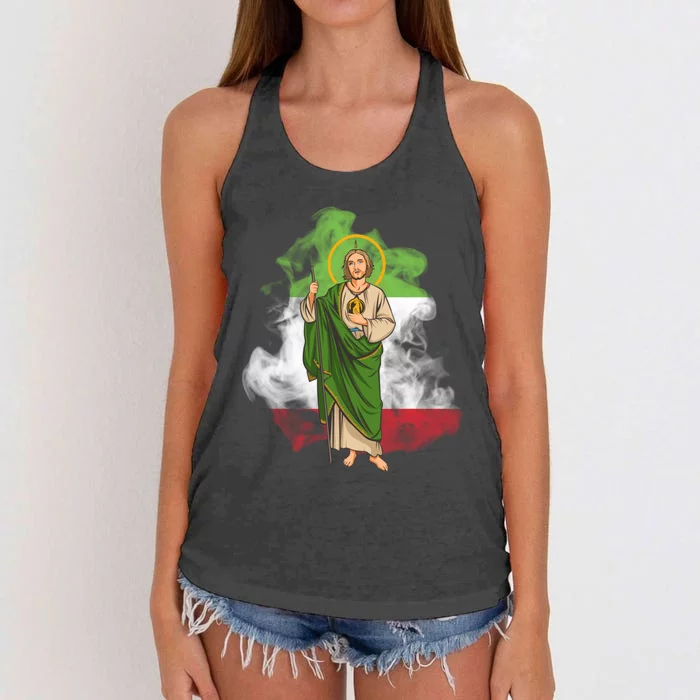 San Judas Tadeo con Bandera de México Women's Knotted Racerback Tank