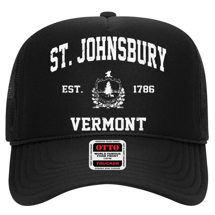 St. Johnsbury Vermont VT Vintage State Athletic Style High Crown Mesh Trucker Hat