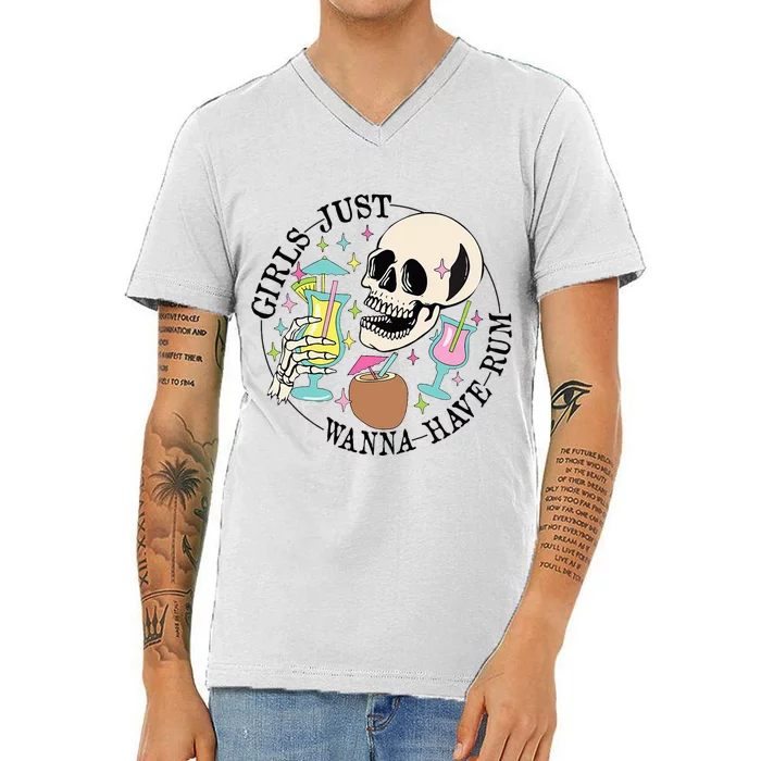 Skeleton Just Wanna Have Rum Summer Beach Party V-Neck T-Shirt