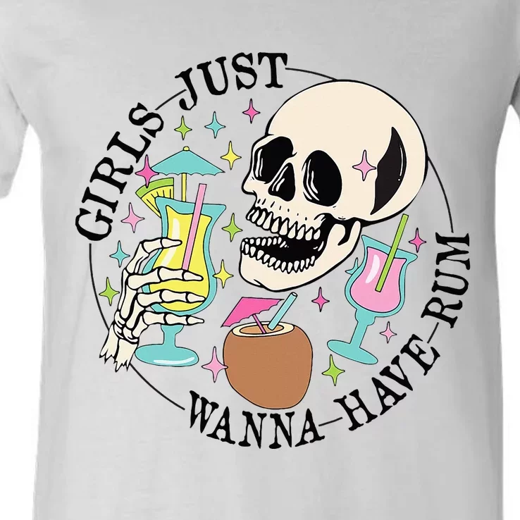 Skeleton Just Wanna Have Rum Summer Beach Party V-Neck T-Shirt