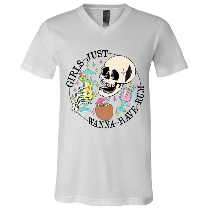 Skeleton Just Wanna Have Rum Summer Beach Party V-Neck T-Shirt