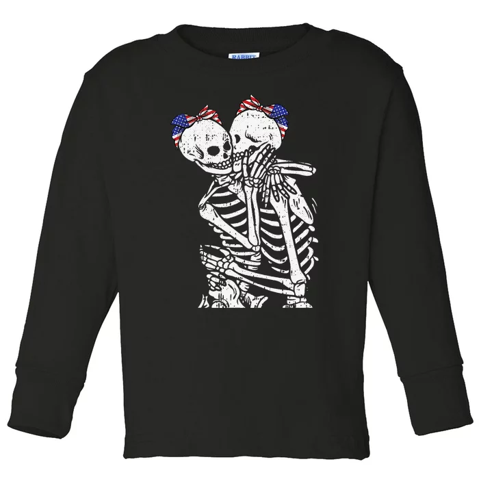 Skeleton Kissing 4th Of July American Flag Bandana Patriotic Toddler Long Sleeve Shirt