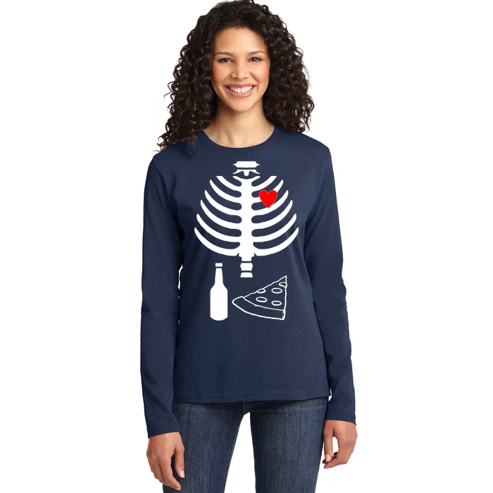 Skeleton Pizza Beer Rib cage Ladies Long Sleeve Shirt