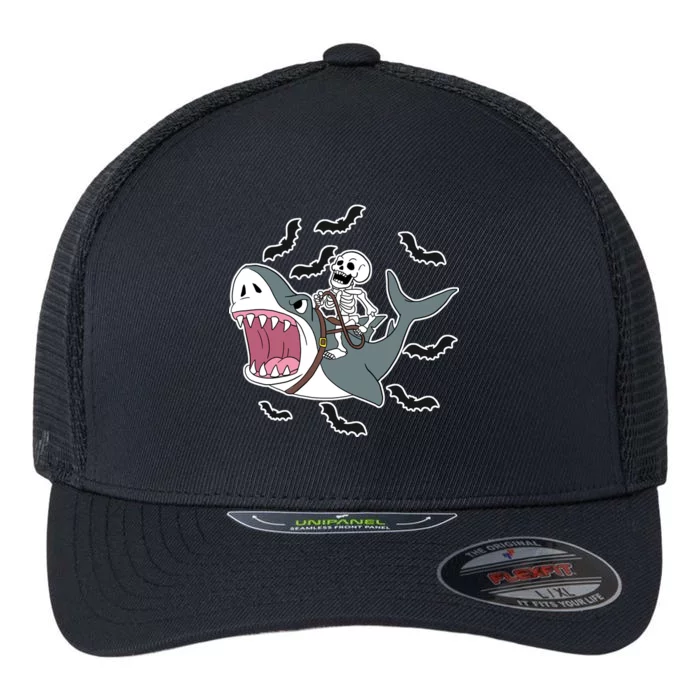 Skeleton Riding Shark Funny Halloween Flexfit Unipanel Trucker Cap