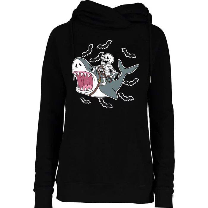 Skeleton Riding Shark Funny Halloween Womens Funnel Neck Pullover Hood