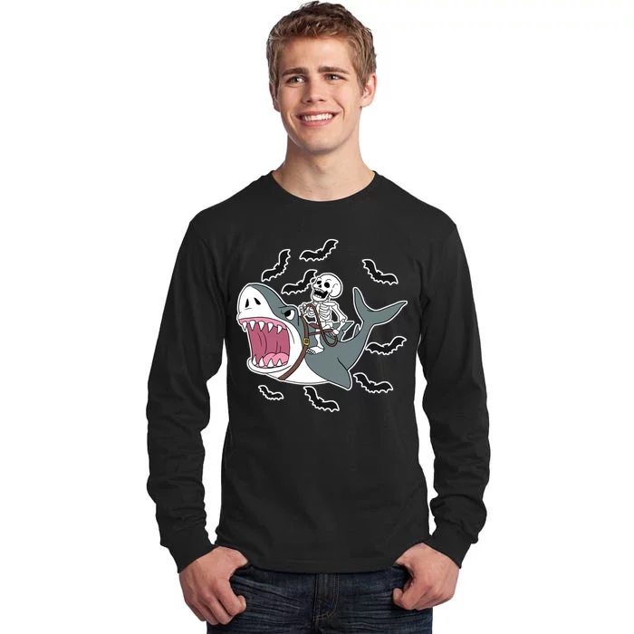 Skeleton Riding Shark Funny Halloween Tall Long Sleeve T-Shirt