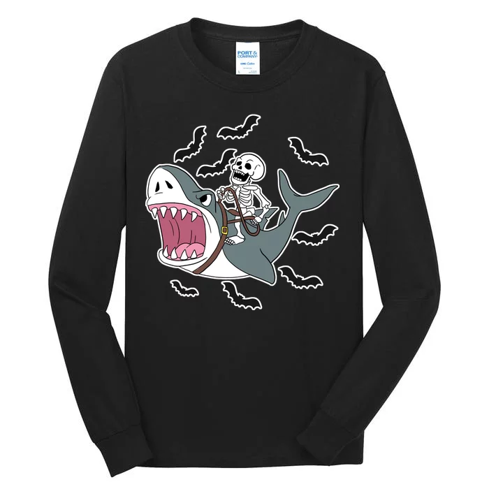 Skeleton Riding Shark Funny Halloween Tall Long Sleeve T-Shirt