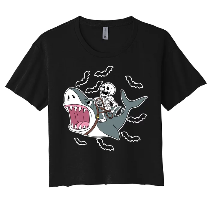 Skeleton Riding Shark Funny Halloween Women's Crop Top Tee