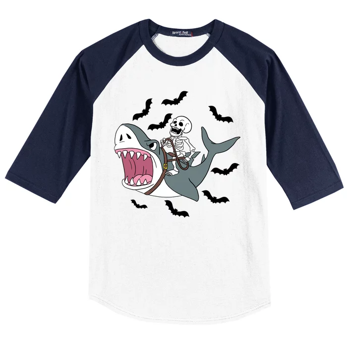 Skeleton Riding Shark Funny Halloween Baseball Sleeve Shirt