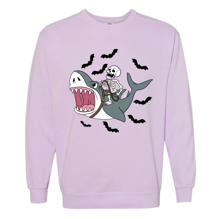 Skeleton Riding Shark Funny Halloween Garment-Dyed Sweatshirt