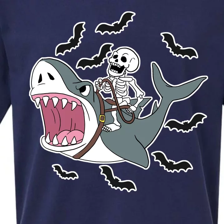 Skeleton Riding Shark Funny Halloween Sueded Cloud Jersey T-Shirt