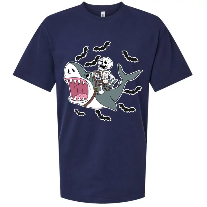 Skeleton Riding Shark Funny Halloween Sueded Cloud Jersey T-Shirt