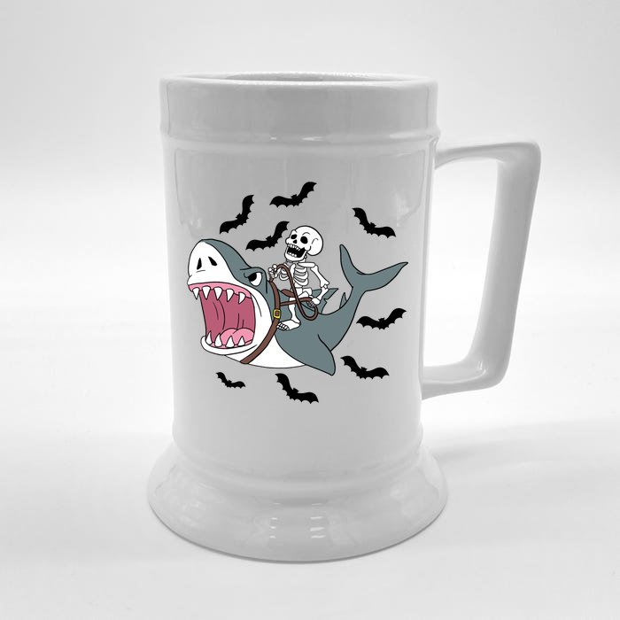 Skeleton Riding Shark Funny Halloween Front & Back Beer Stein