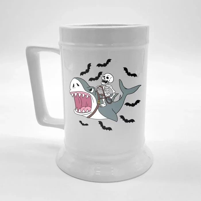 Skeleton Riding Shark Funny Halloween Front & Back Beer Stein