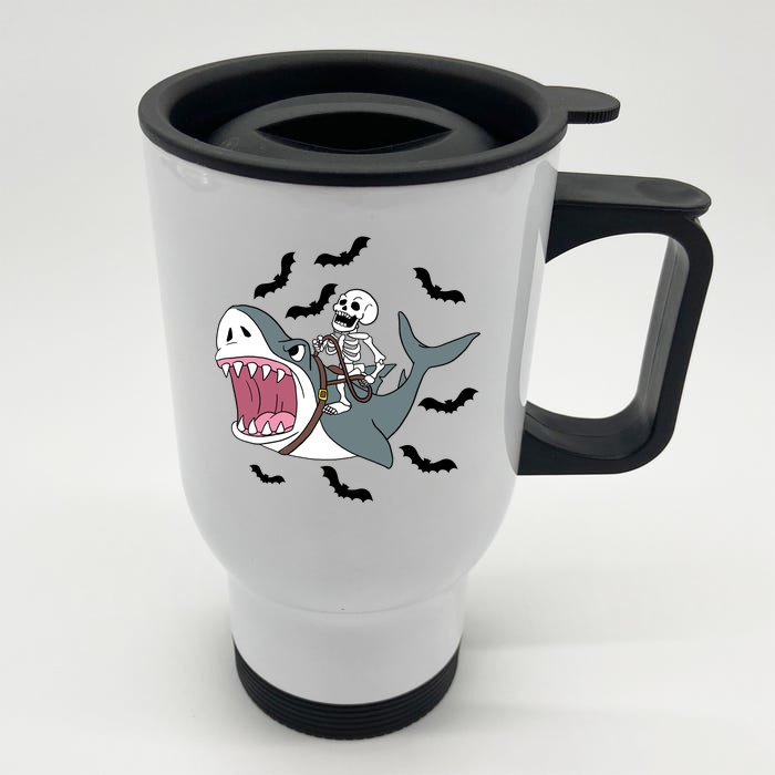 Skeleton Riding Shark Funny Halloween Front & Back Stainless Steel Travel Mug