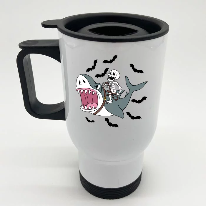 Skeleton Riding Shark Funny Halloween Front & Back Stainless Steel Travel Mug