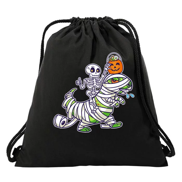 Skeleton Riding T-Rex Halloween Drawstring Bag