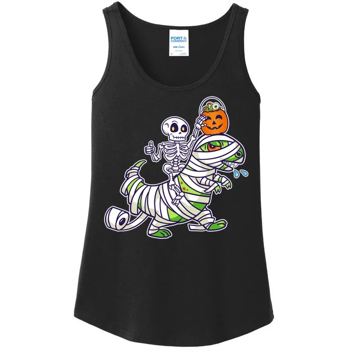 Skeleton Riding T-Rex Halloween Ladies Essential Tank