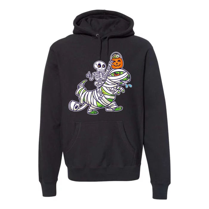 Skeleton Riding T-Rex Halloween Premium Hoodie