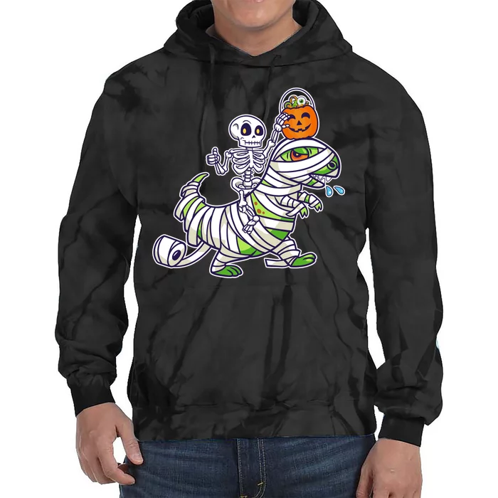 Skeleton Riding T-Rex Halloween Tie Dye Hoodie