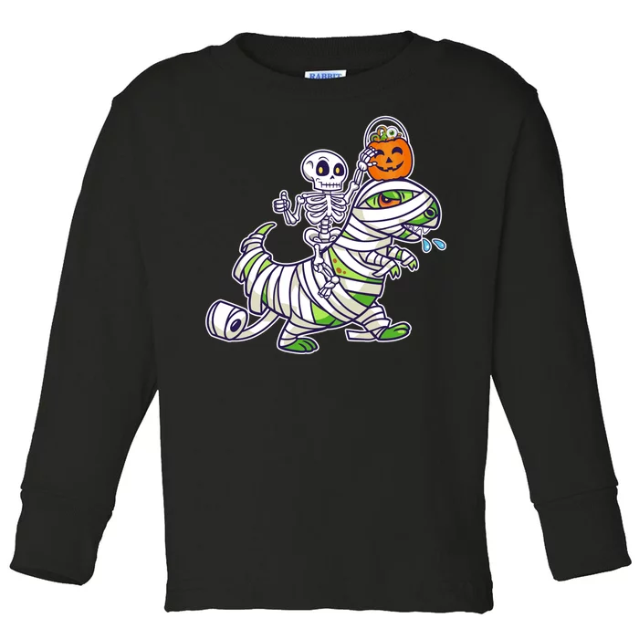 Skeleton Riding T-Rex Halloween Toddler Long Sleeve Shirt