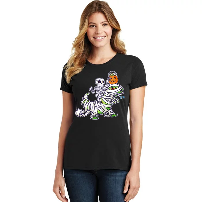 Skeleton Riding T-Rex Halloween Women's T-Shirt