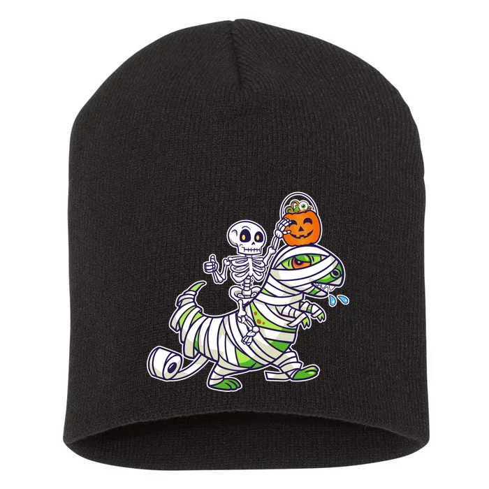 Skeleton Riding T-Rex Halloween Short Acrylic Beanie