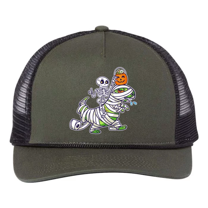 Skeleton Riding T-Rex Halloween Retro Rope Trucker Hat Cap