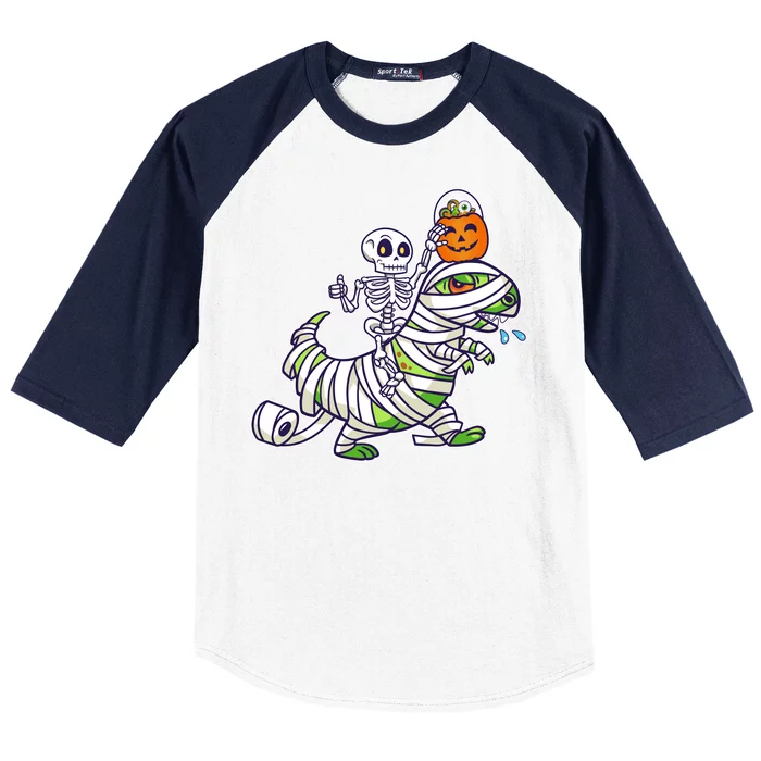 Skeleton Riding T-Rex Halloween Baseball Sleeve Shirt