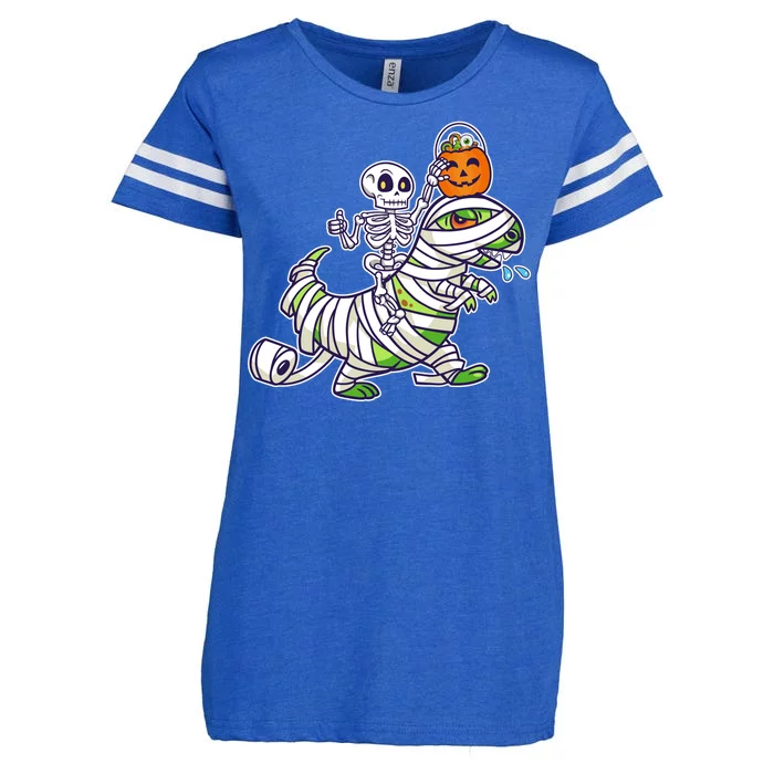 Skeleton Riding T-Rex Halloween Enza Ladies Jersey Football T-Shirt