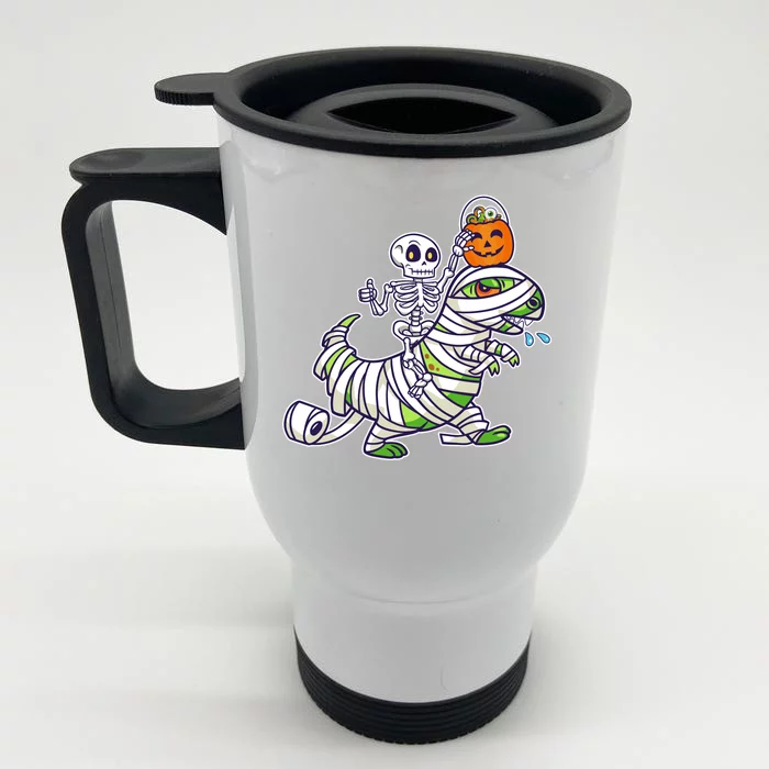 Skeleton Riding T-Rex Halloween Front & Back Stainless Steel Travel Mug