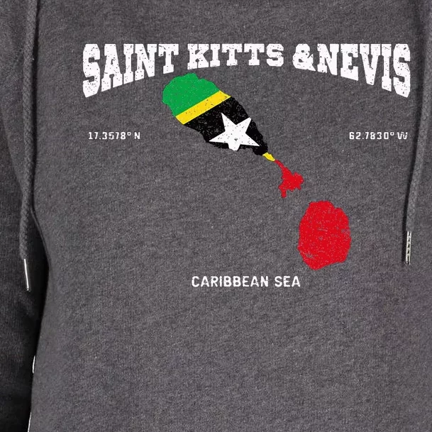 St Kitts Flag And Map St Kitts And Nevis Coordinates Womens Funnel Neck Pullover Hood