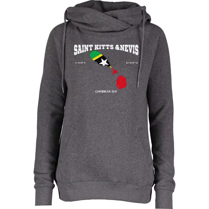 St Kitts Flag And Map St Kitts And Nevis Coordinates Womens Funnel Neck Pullover Hood