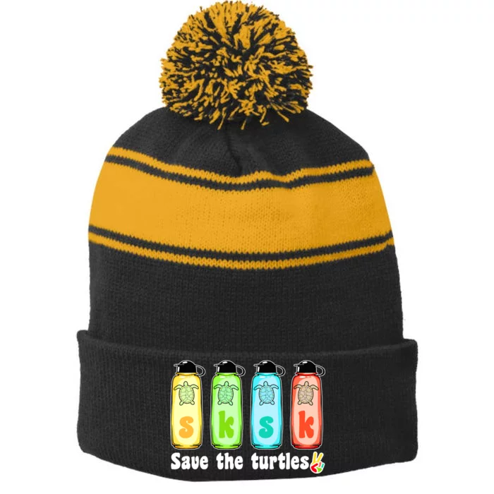 SKSKSK Save The Turtles Peace Stripe Pom Pom Beanie