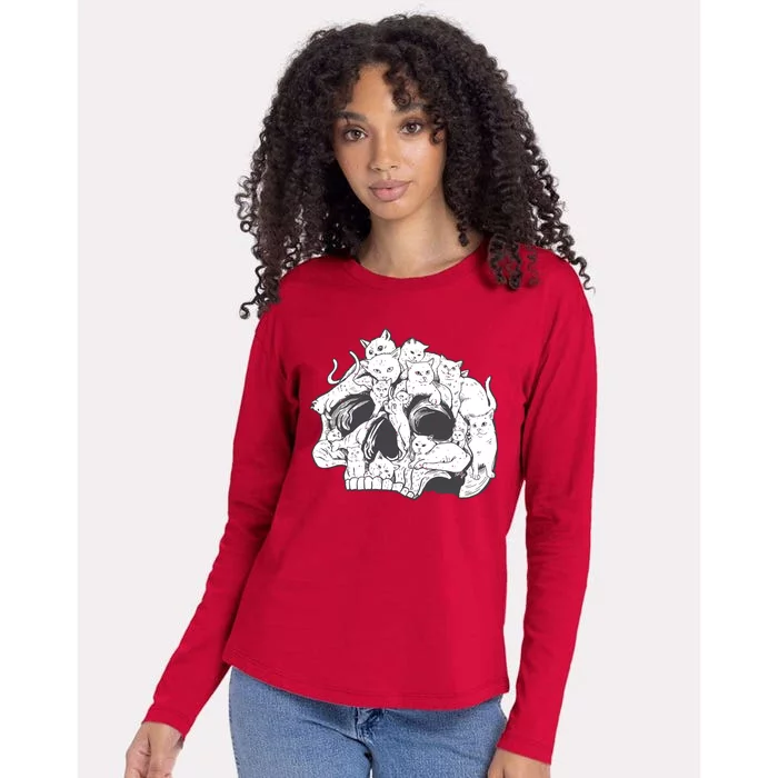 Skull Head With Cats Womens Cotton Relaxed Long Sleeve T-Shirt