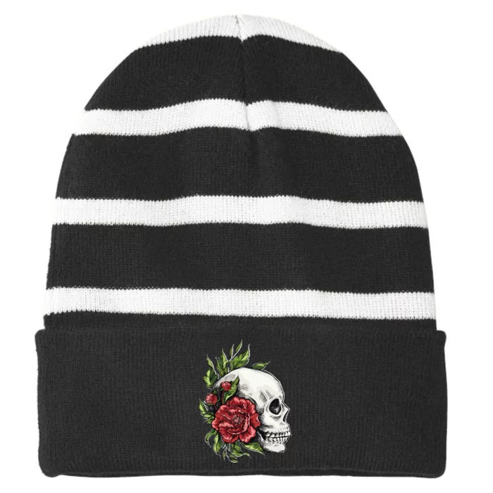 Skull Roses Striped Beanie with Solid Band