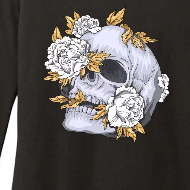 Skull White Flowers Womens CVC Long Sleeve Shirt