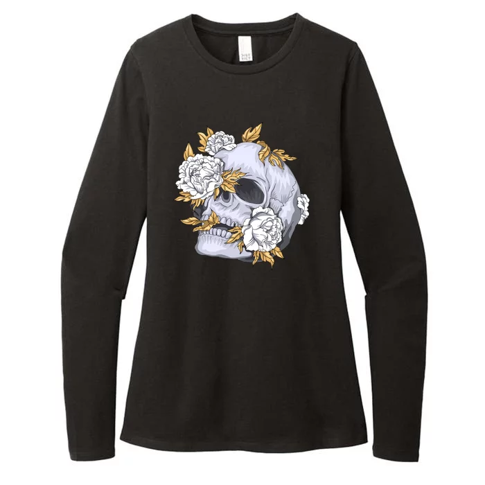 Skull White Flowers Womens CVC Long Sleeve Shirt