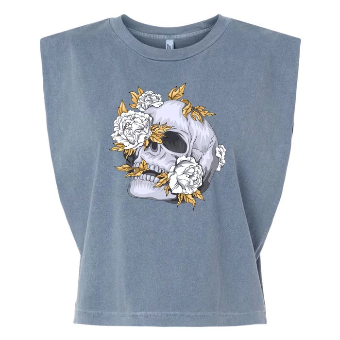 Skull White Flowers Garment-Dyed Women's Muscle Tee