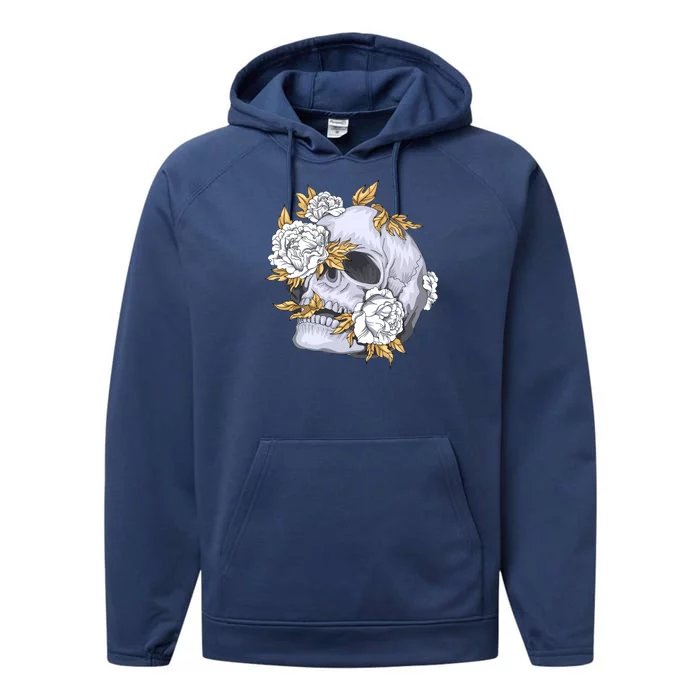 Skull White Flowers Performance Fleece Hoodie