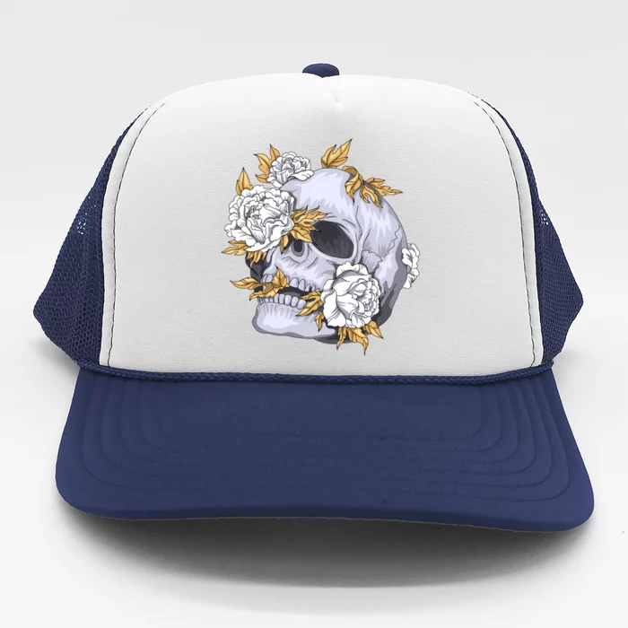 Skull White Flowers Trucker Hat