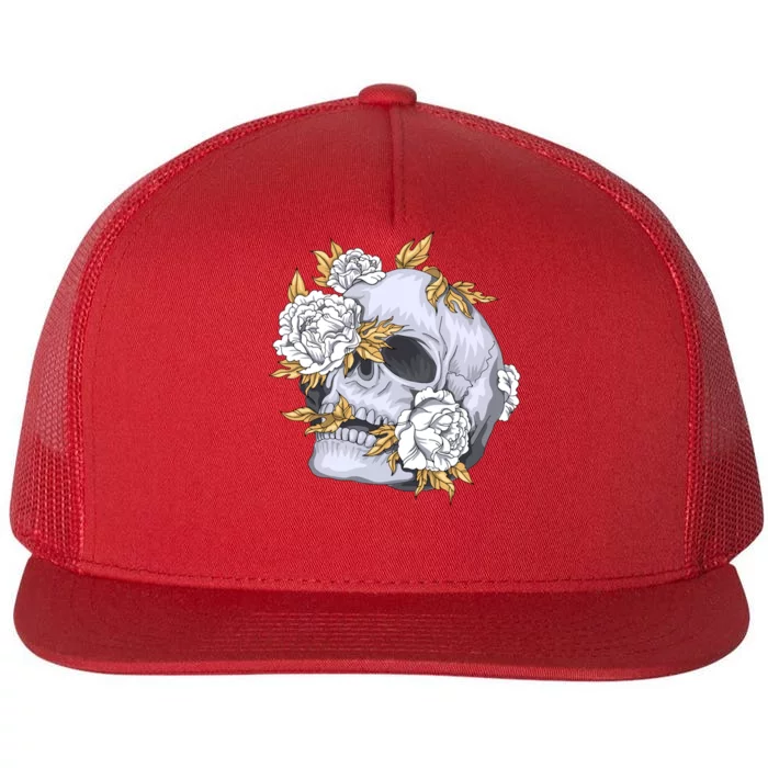 Skull White Flowers Flat Bill Trucker Hat