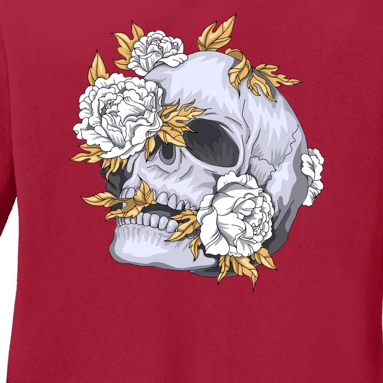 Skull White Flowers Ladies Long Sleeve Shirt