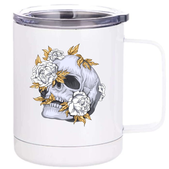 Skull White Flowers Front & Back 12oz Stainless Steel Tumbler Cup