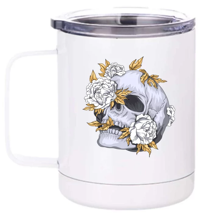 Skull White Flowers Front & Back 12oz Stainless Steel Tumbler Cup