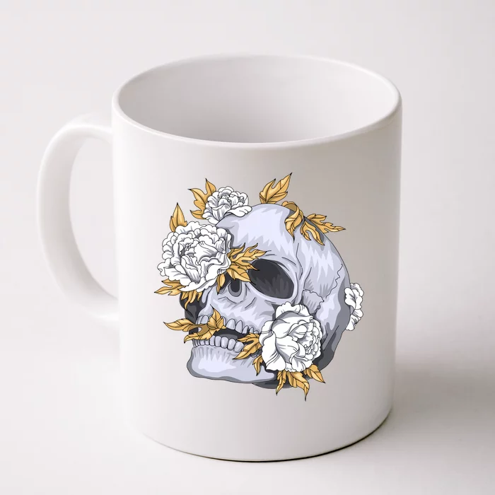 Skull White Flowers Front & Back Coffee Mug