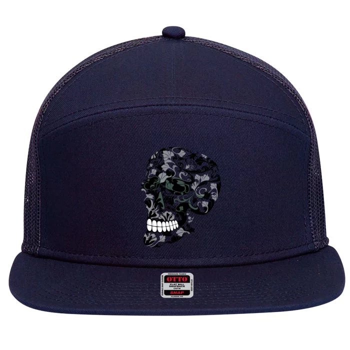 Skull With Flowers Day of the Dead 7 Panel Mesh Trucker Snapback Hat