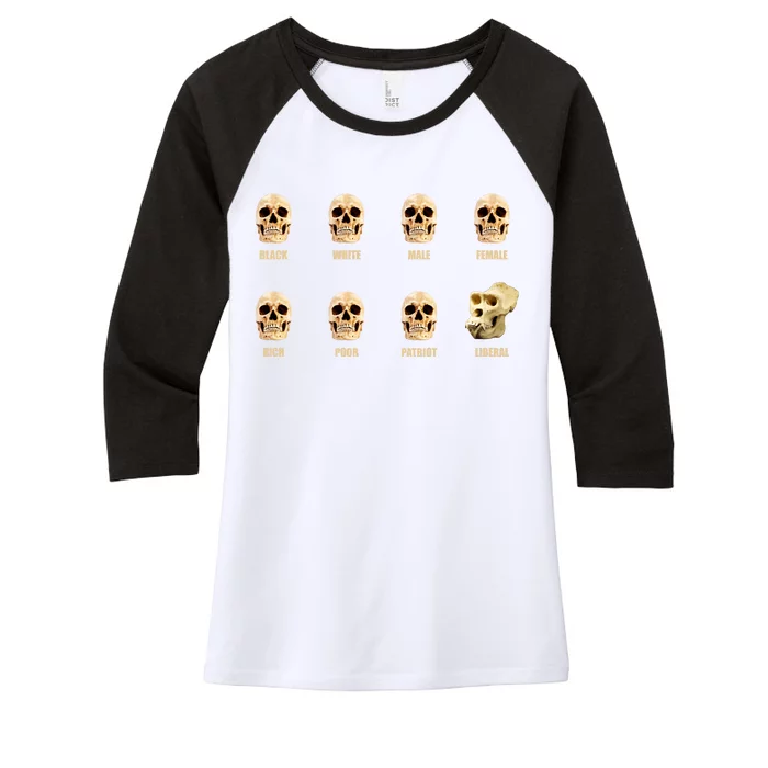 Skulls of Modern America Funny Liberal Monkey Skull Women's Tri-Blend 3/4-Sleeve Raglan Shirt