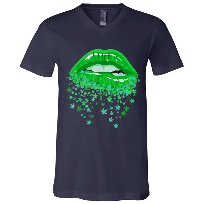 Sexy Lips 420 Cannabis Marijuana Weed Pot Leaf Lover Gift V-Neck T-Shirt